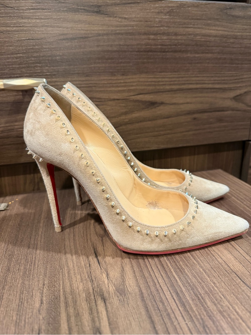 Christian Louboutin Beige Suede Studded Stiletto Pumps